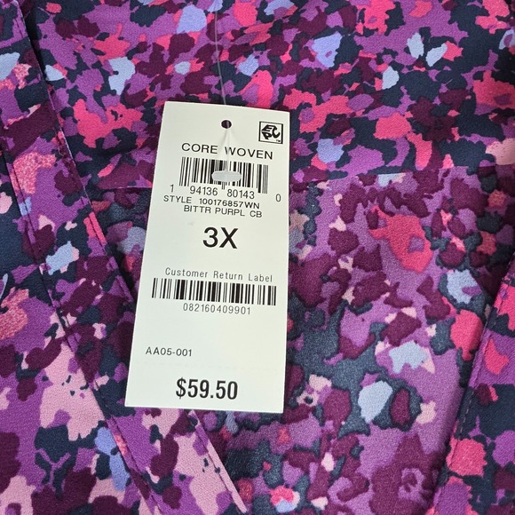 JM Collection Blouse Women 3X Purple Abstract Roll Tab Sleeve Split Neck Top - Picture 4 of 6